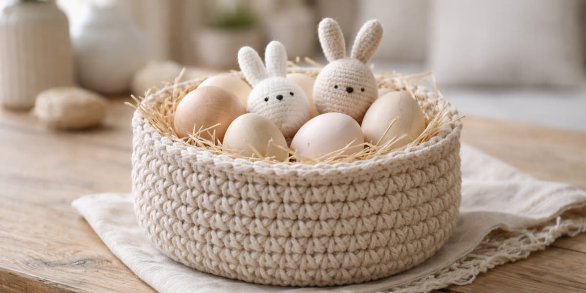 Háčkovaný košík jako velikonoční dekorace do interiéru