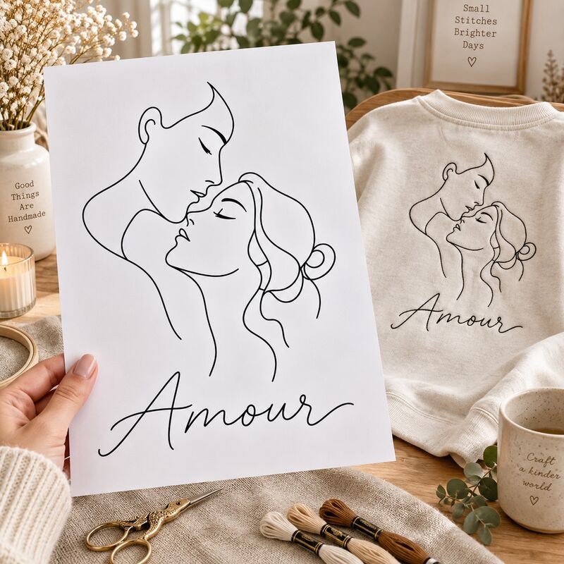 Předtištěná předloha pro line art vyšívání – Amour