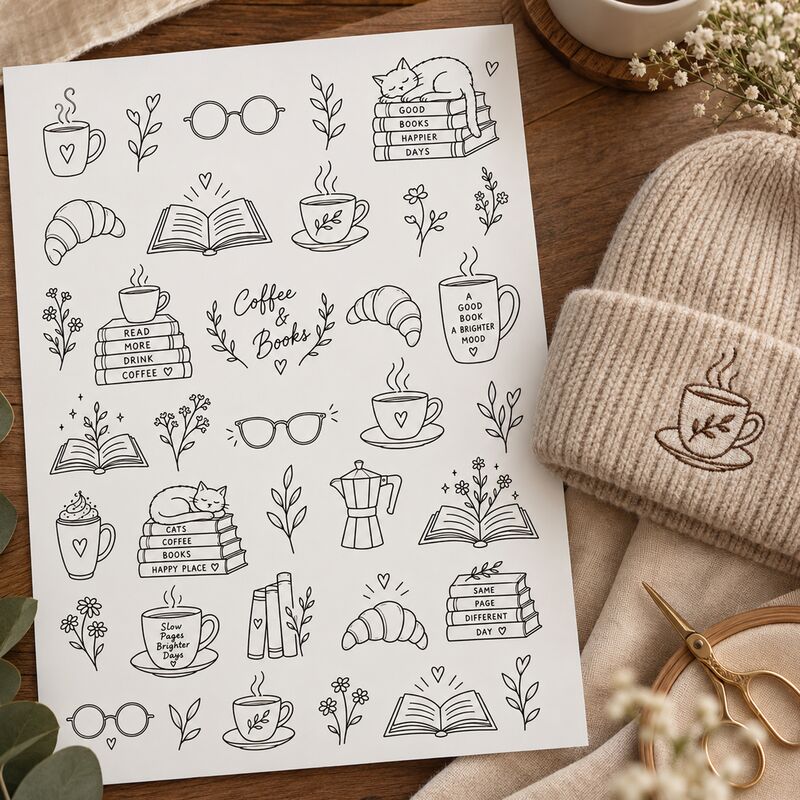 Předtištěná předloha pro line art vyšívání – Coffee and Books