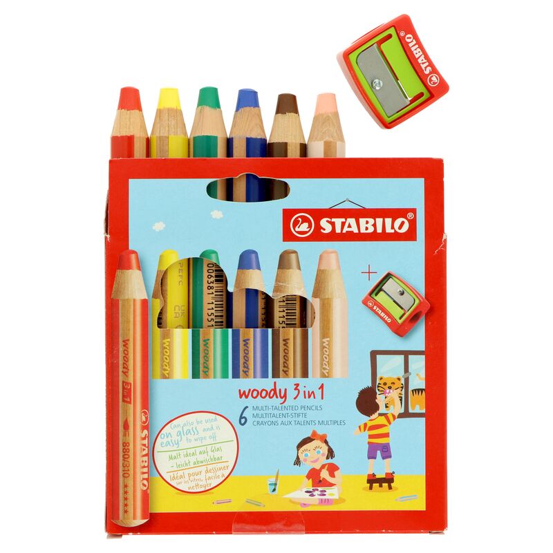 Pastelky, vodovky a voskovky 3 v 1 Stabilo Woody 6ks + struhadlo